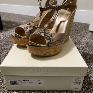 Jimmy Choo Snake Print Wedge Sandals with Ankle Strap